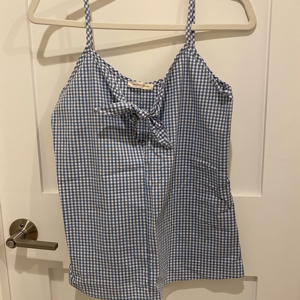 Blue and white checked women’s tank top with tie